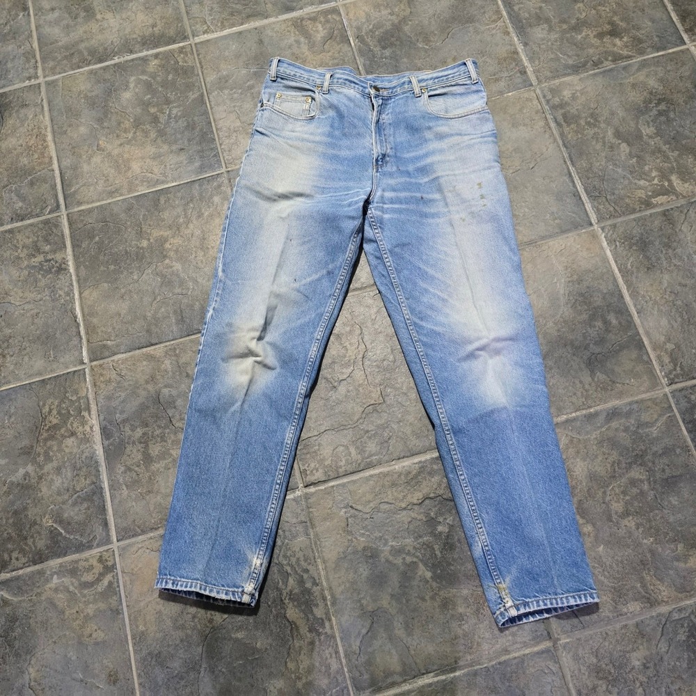 bill blass Jeans Mens 36x32 Light Blue Distressed Straight Leg Workwear Denim